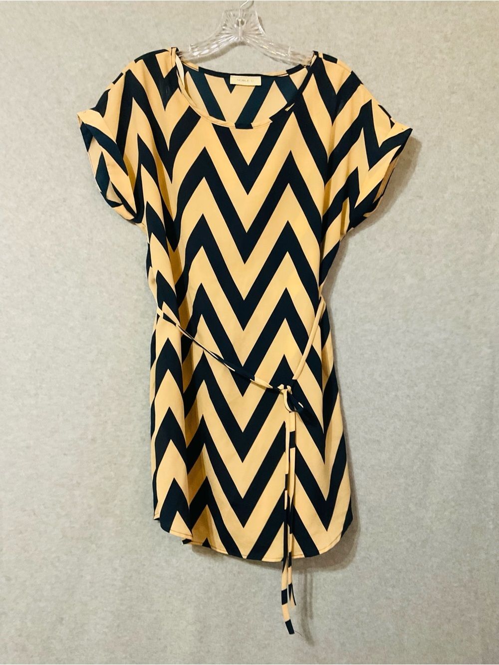 Noble U Navy and Beige Chevron Dress 'TUNIC' with Waist Tie Sz L
